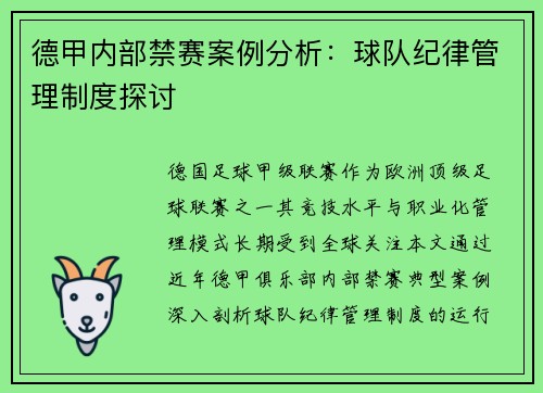 德甲内部禁赛案例分析：球队纪律管理制度探讨